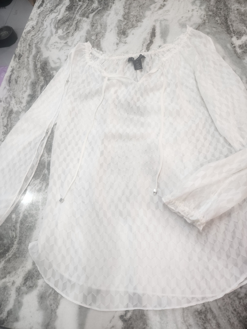 White House Black Market White Sheer Geometric Tie-Neck Blouse
